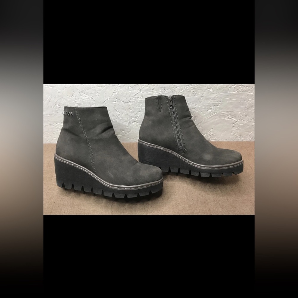 Nautica Laurette Women's Ankle Boots 3" Wedge Dark Gray Faux Leather Size 7